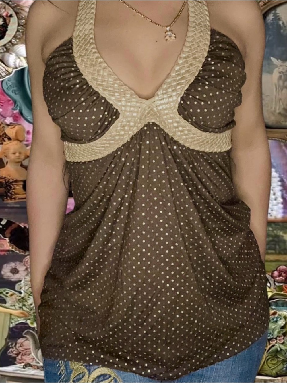 2000s seduction Brown Polka Dot Halter Tank Top with Cream Trim